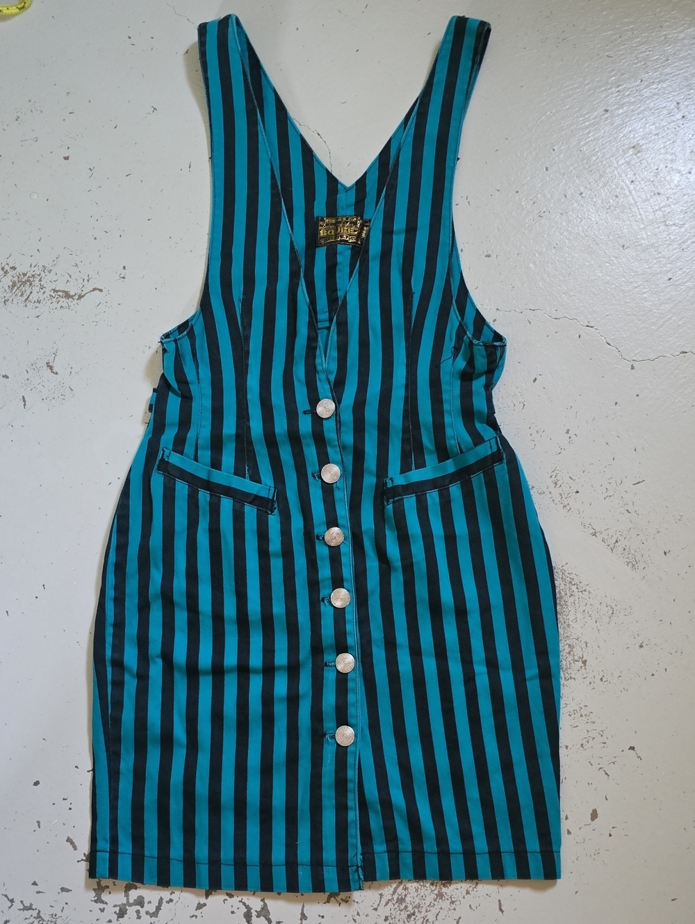 Vintage Squeeze Denim Turquoise Black Striped Women's Dress Size 7/8